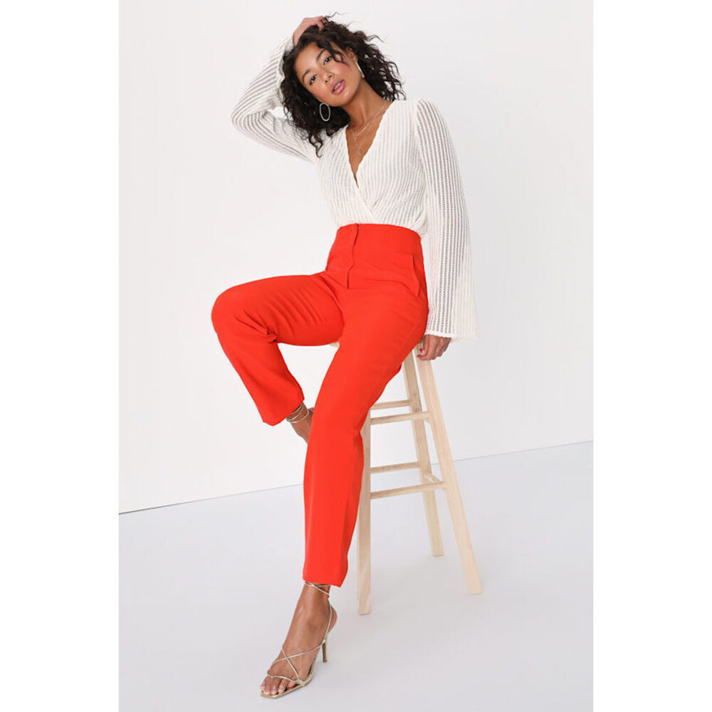 Lulus Build Your Dreams Red Orange Straight Leg Trouser Pants - Size M
